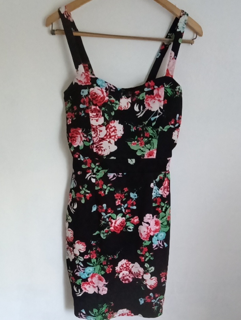 Floral Sweetheart Neckline Bodycon Dress - Black with Pink Roses